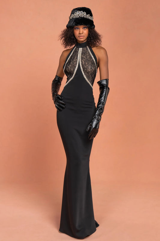 Sleeveless Lace Halter Neck Gown