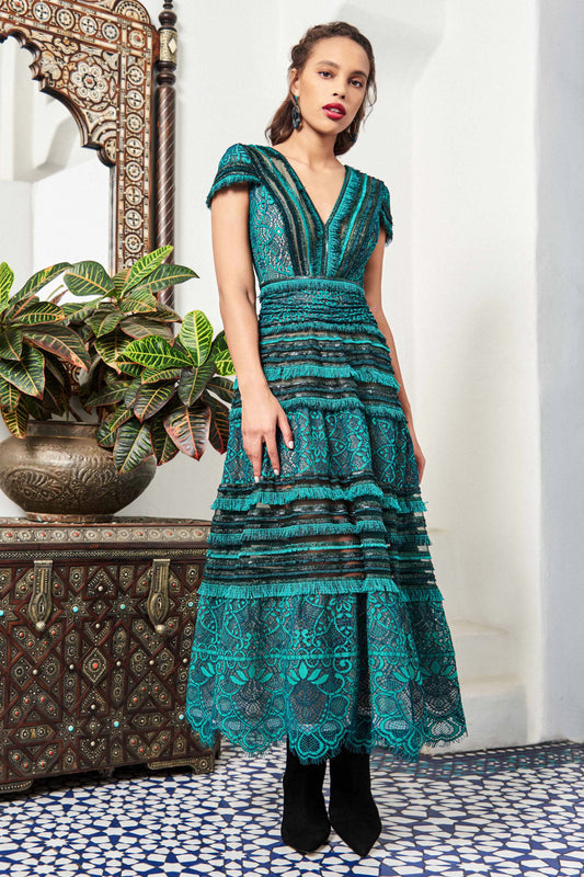 V-Neck Cap Sleeve Midi Dress