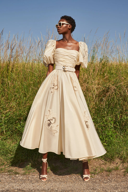 Squared Neckline Taffeta Midi Dress