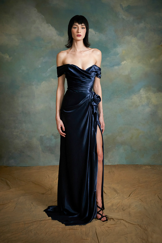 Off-Shoulder Velvet Draped Gown