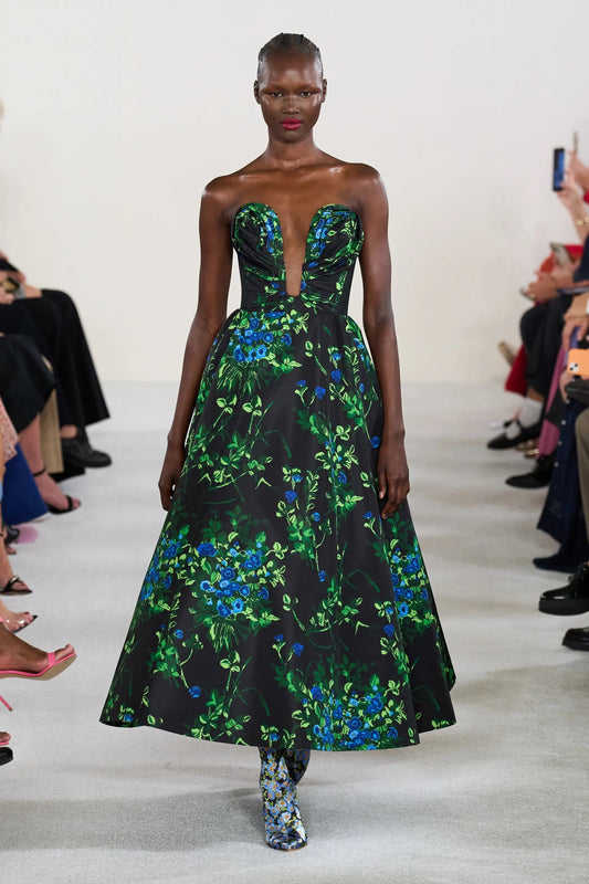 Strapless Floral Faille Midi Dress