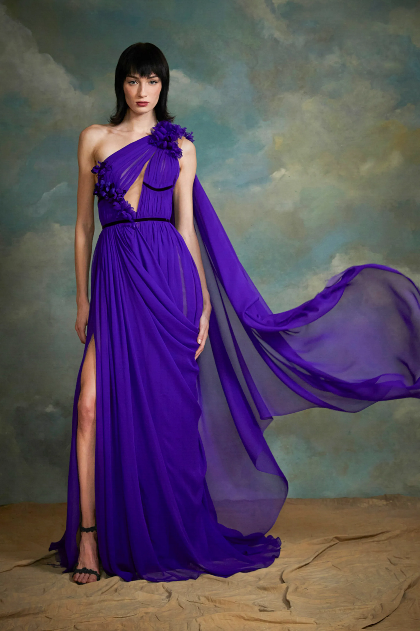 One-Shoulder 3D Flower Evening Gown