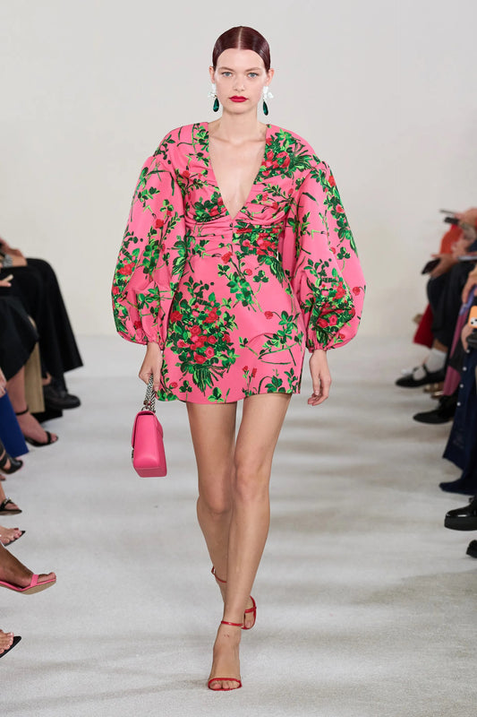 Balloon Sleeve Floral Faille Mini Dress