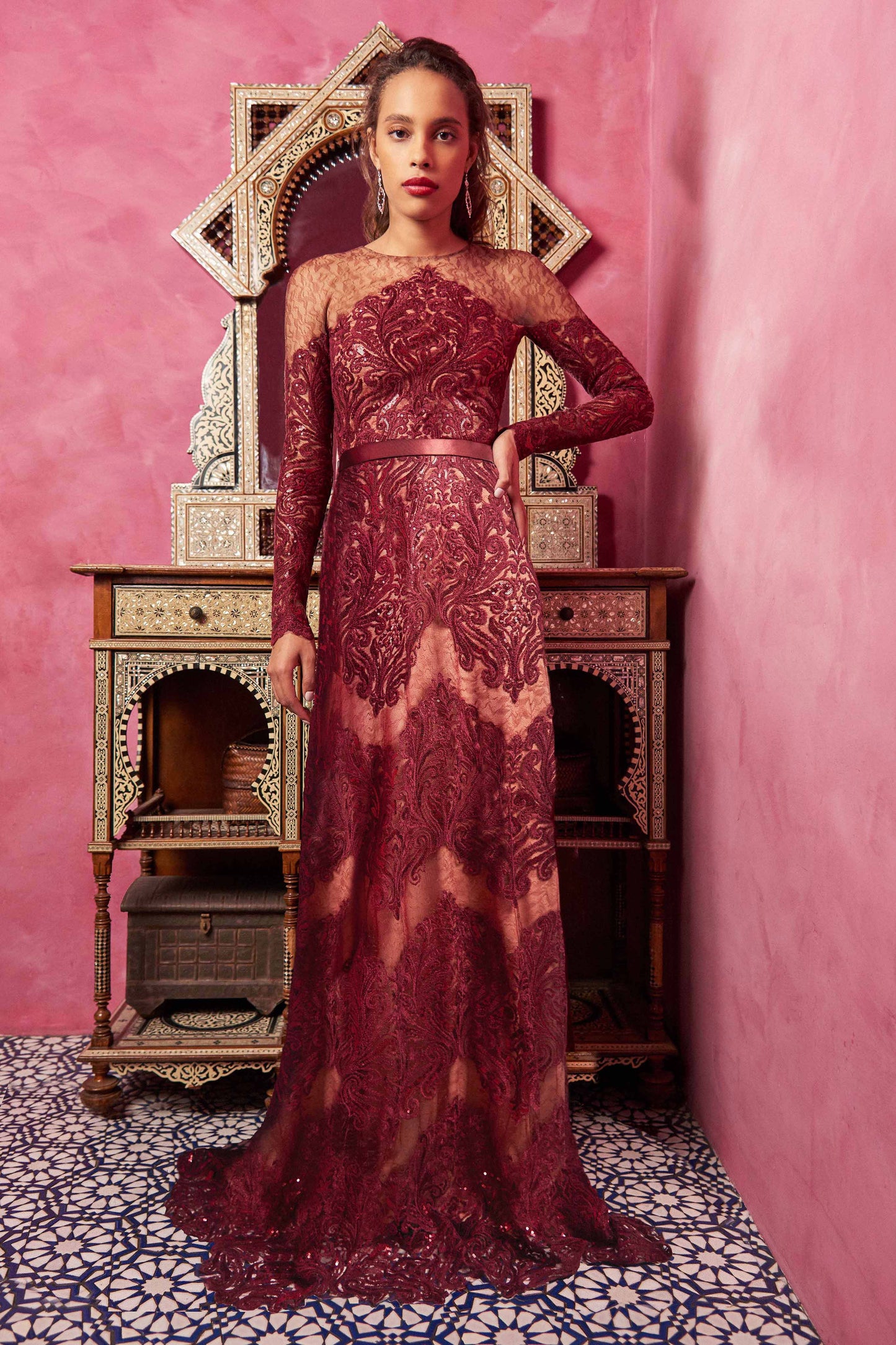 Long Sleeve Illusion Neck Evening  Gown
