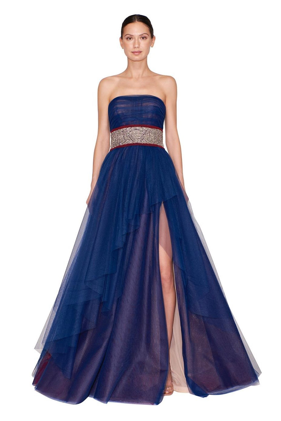 Strapless Embroidered Belt Gown