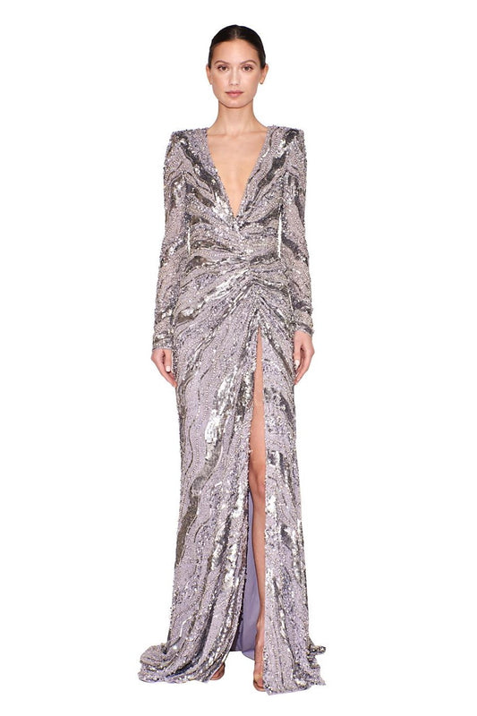 Long Sleeve Deep V-Neck Gown