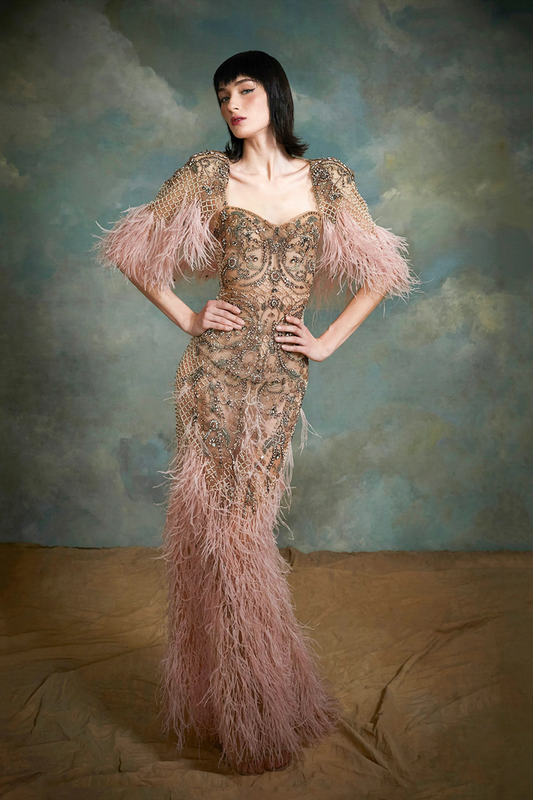 Embroidered Feather Gown with Cape