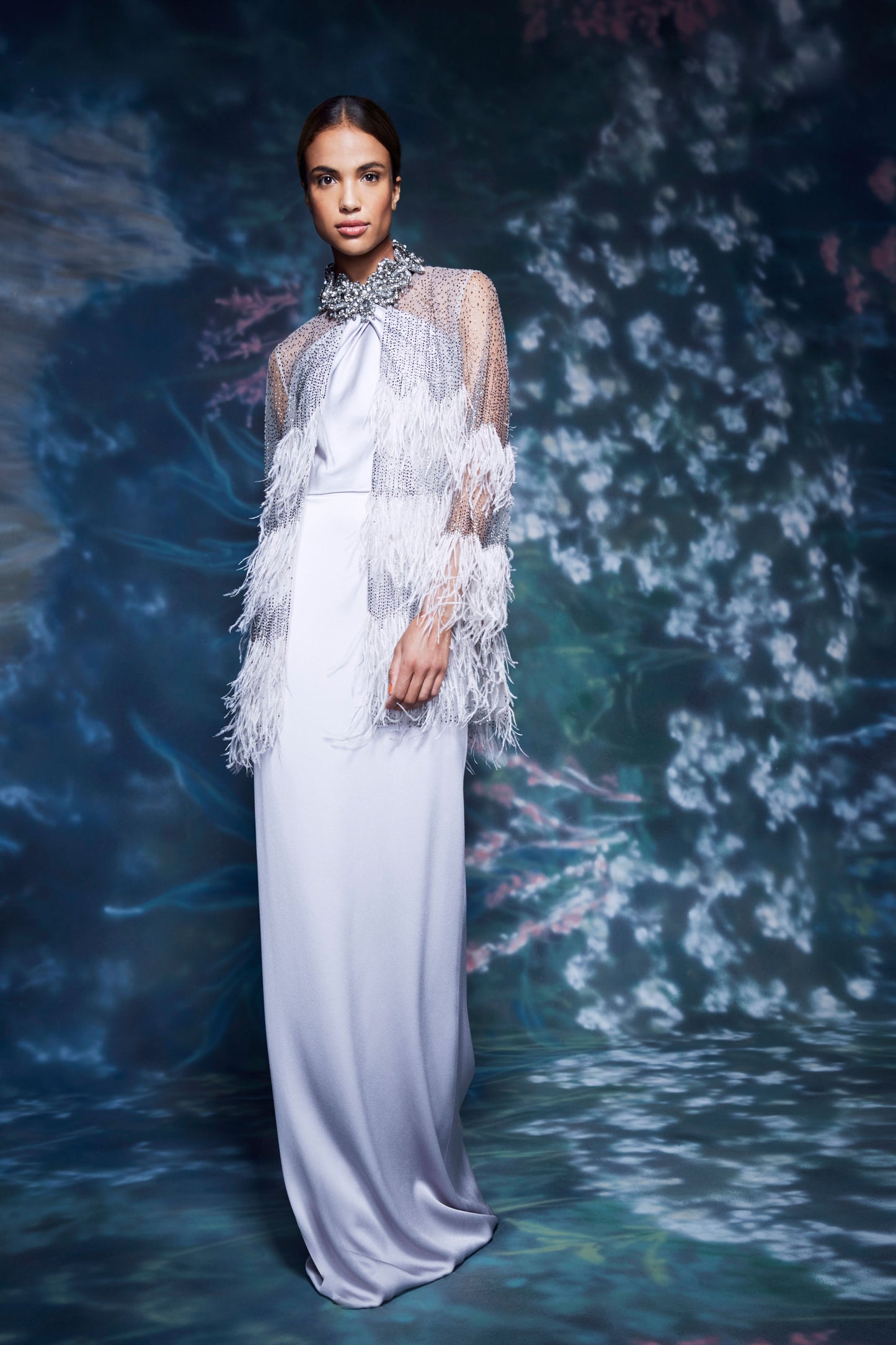 Embellished Neck Feathered Sequin Gown