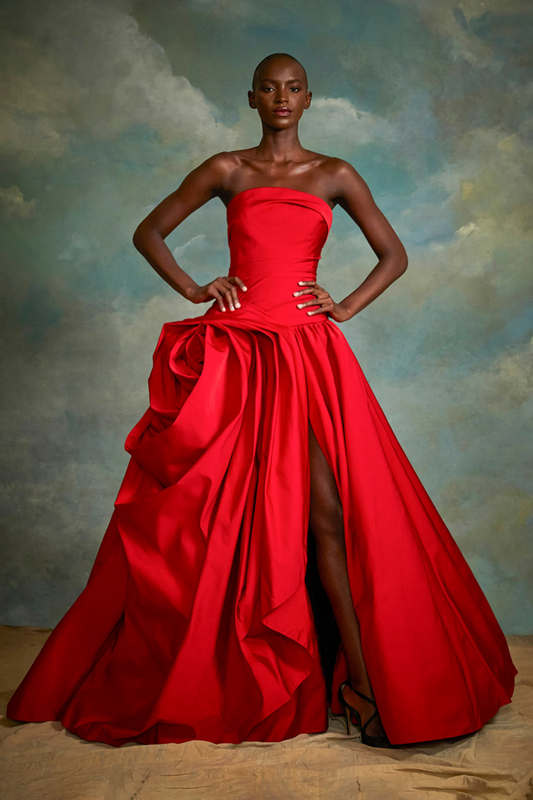 Strapless Dramatic Floral Skirt Gown