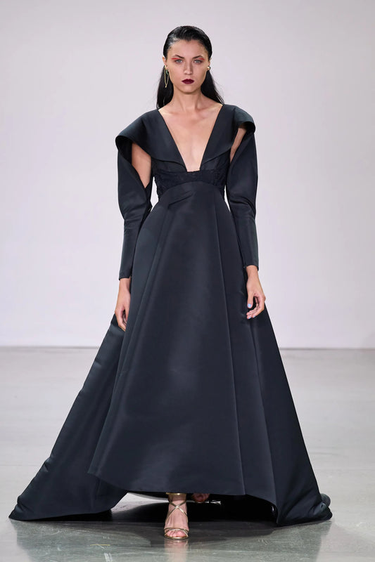 Faille Gown with Draped Wing Sleeve