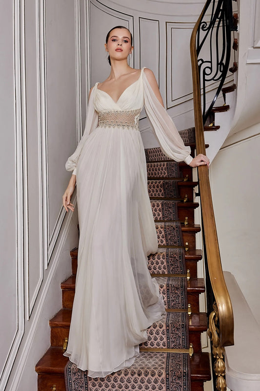 V-Neck Gown with Beaded Waist