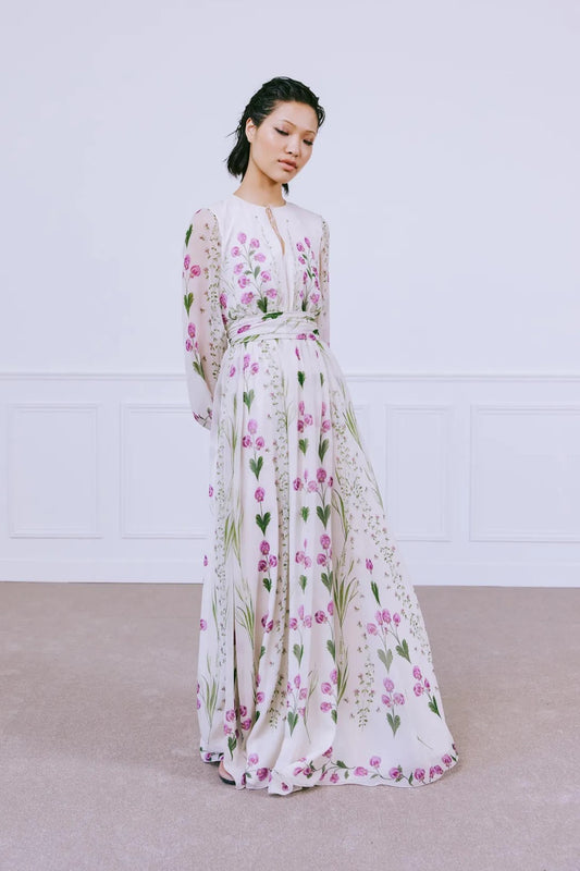 Long Sleeve Floral Printed Georgette Gown