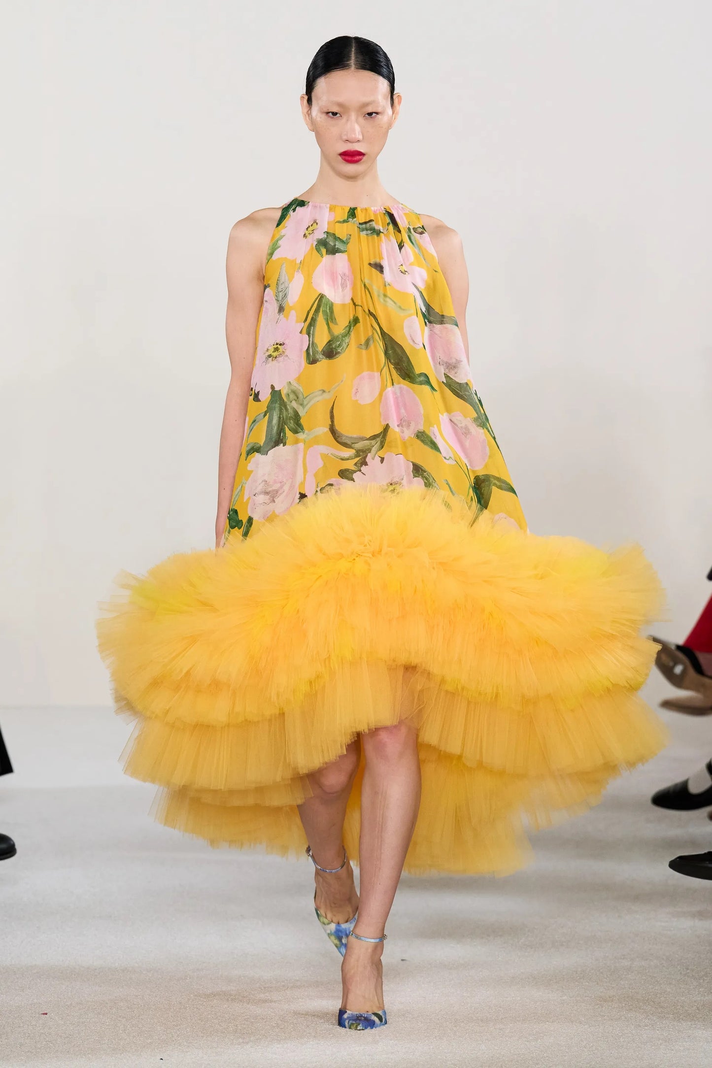 Tulle-Trimmed Embroidered Silk Dress