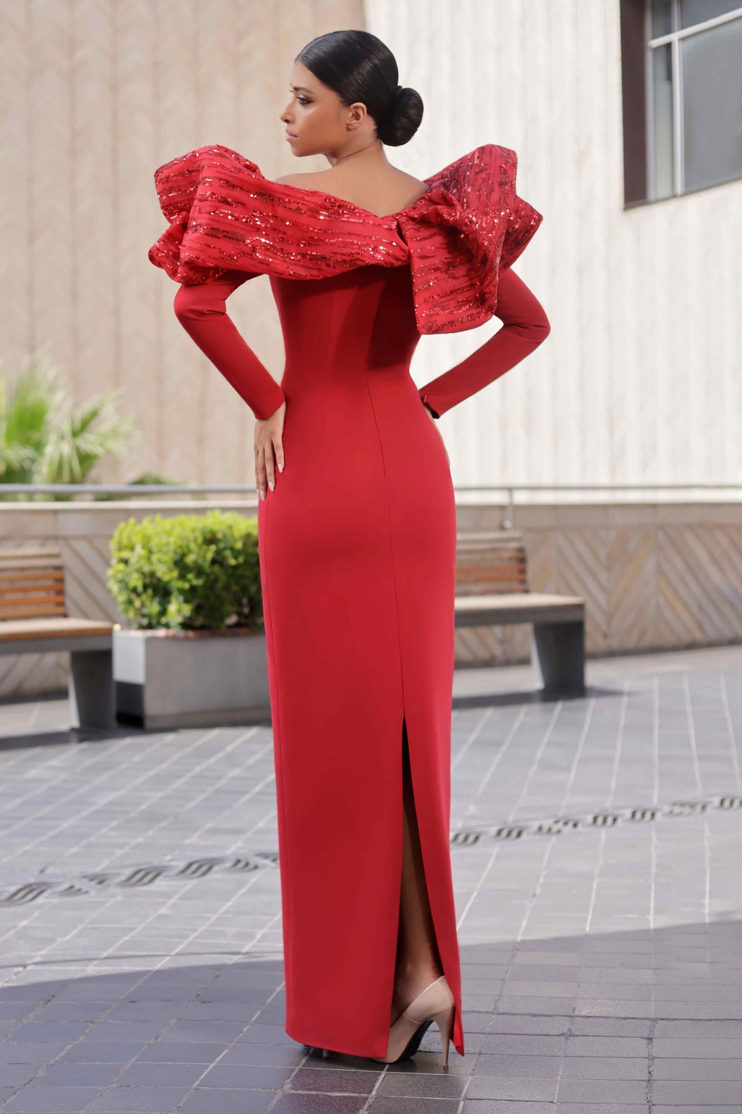 Long Sleeve Crepe & Tulle Gown