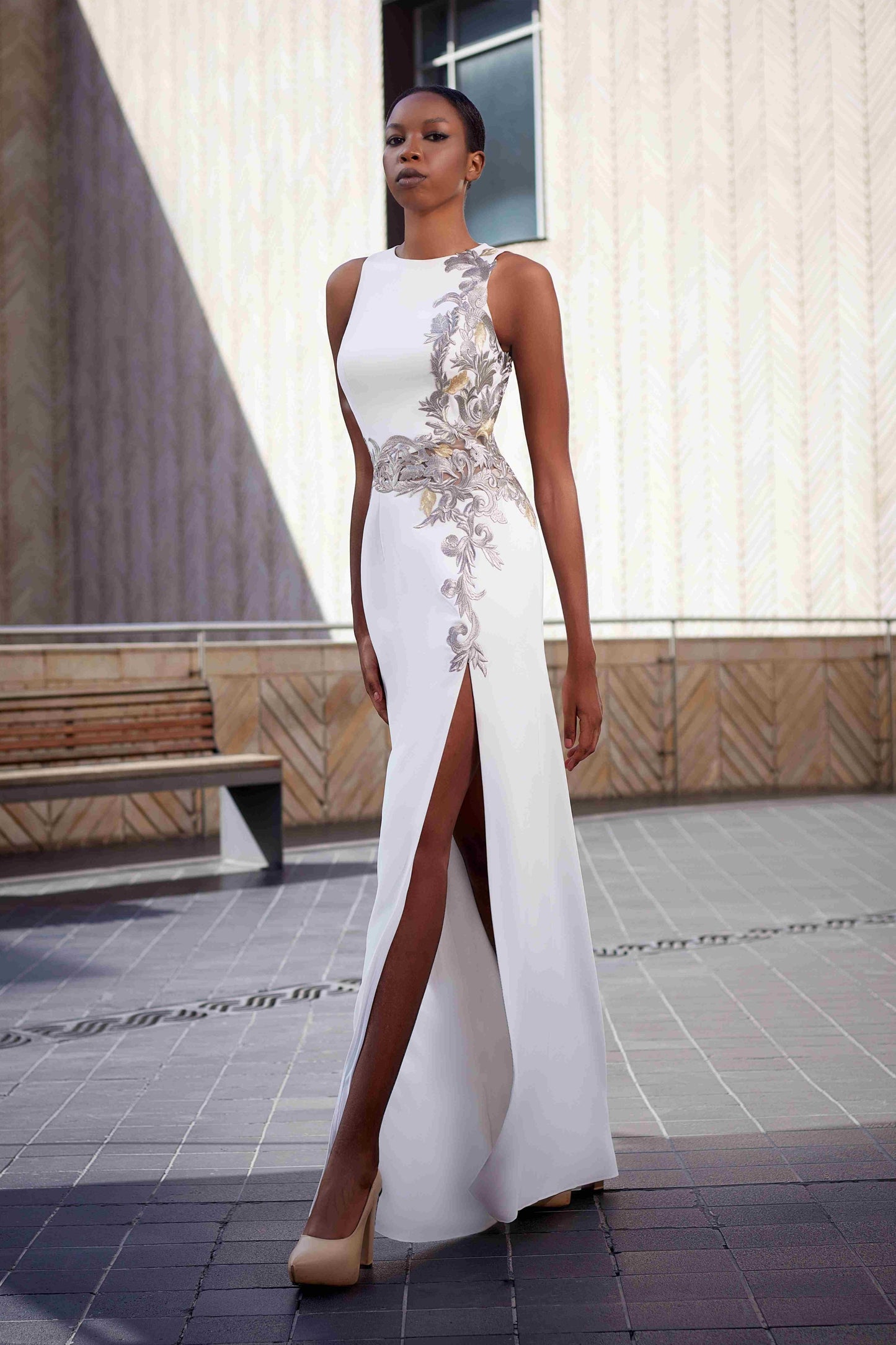 Crepe Cady & Lace Embroidery Gown