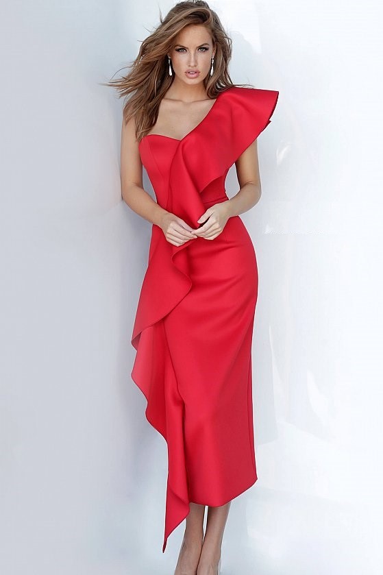 One Shoulder Ruffle Tea Length Cocktail Dress