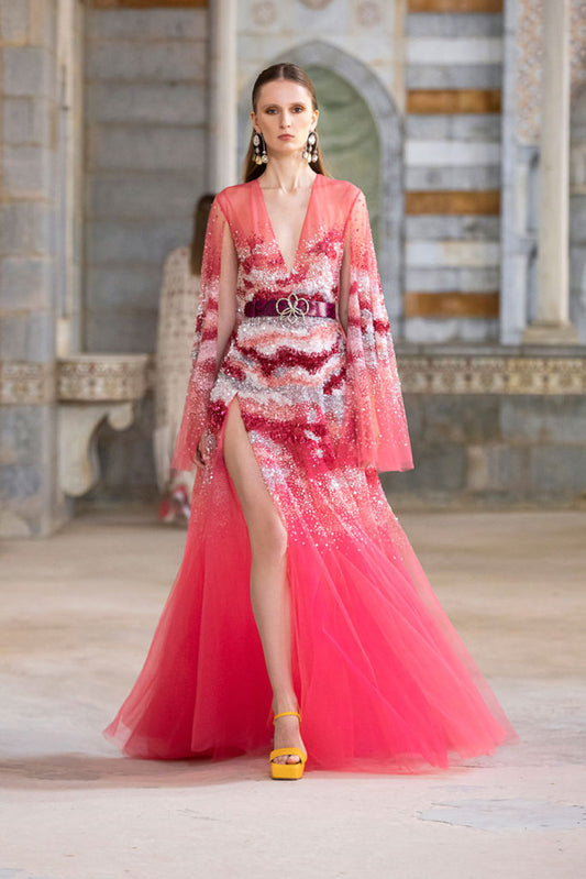Beaded Tulle Gown with Cape