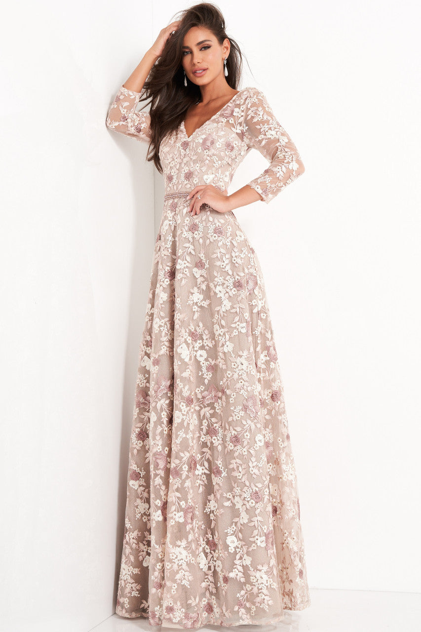 Floral Embroidered- V Neck Gown