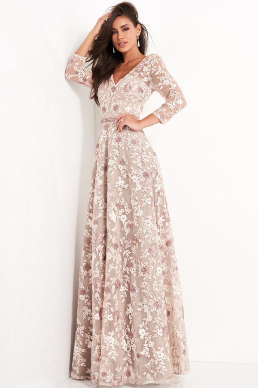 Floral Embroidered- V Neck Gown