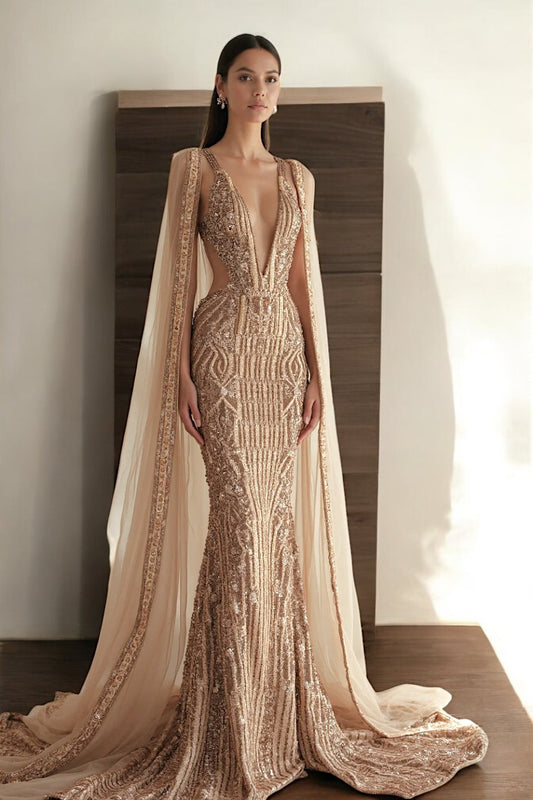 Plunging Long Cape Sleeve Gown