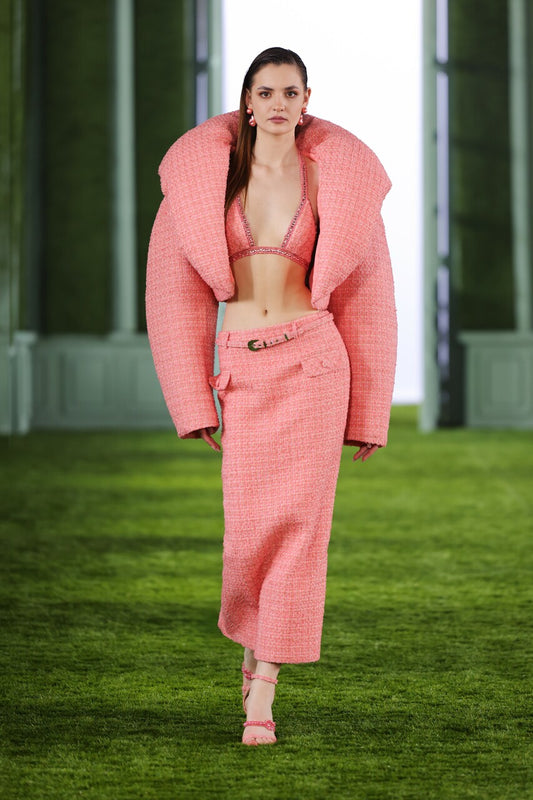 Cropped Tweed Jacket with Tulle Bralette and Low-Waist Skirt