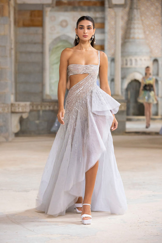 Beaded Tulle with Ruffle Slit Gown