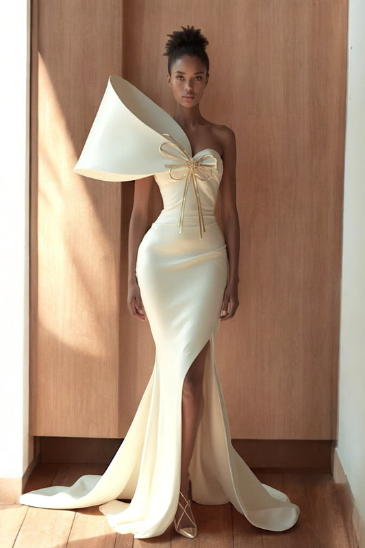 Oversized Sculpted Sleeve Slit Gown