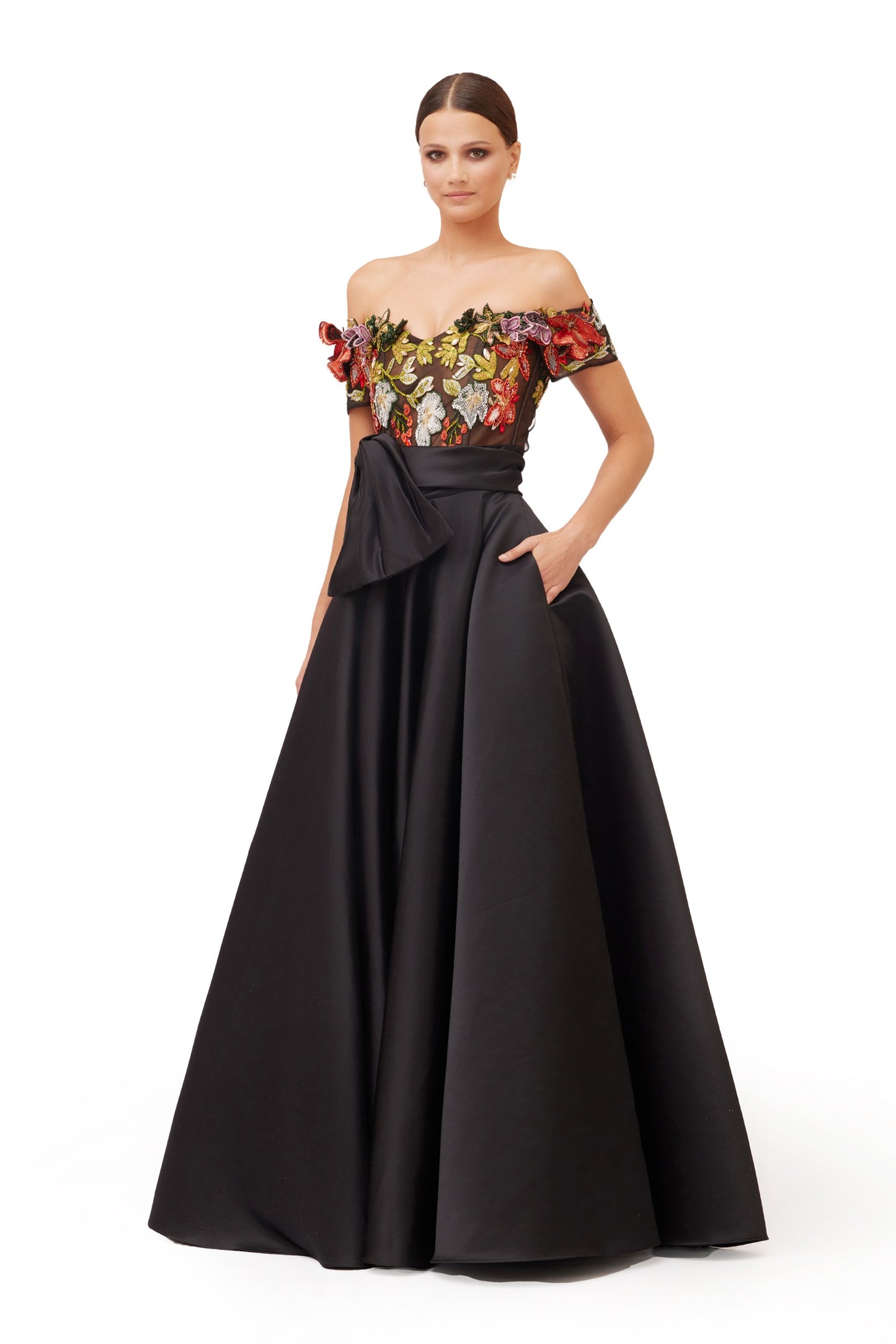 Long Satin Embroidered Ball Gown