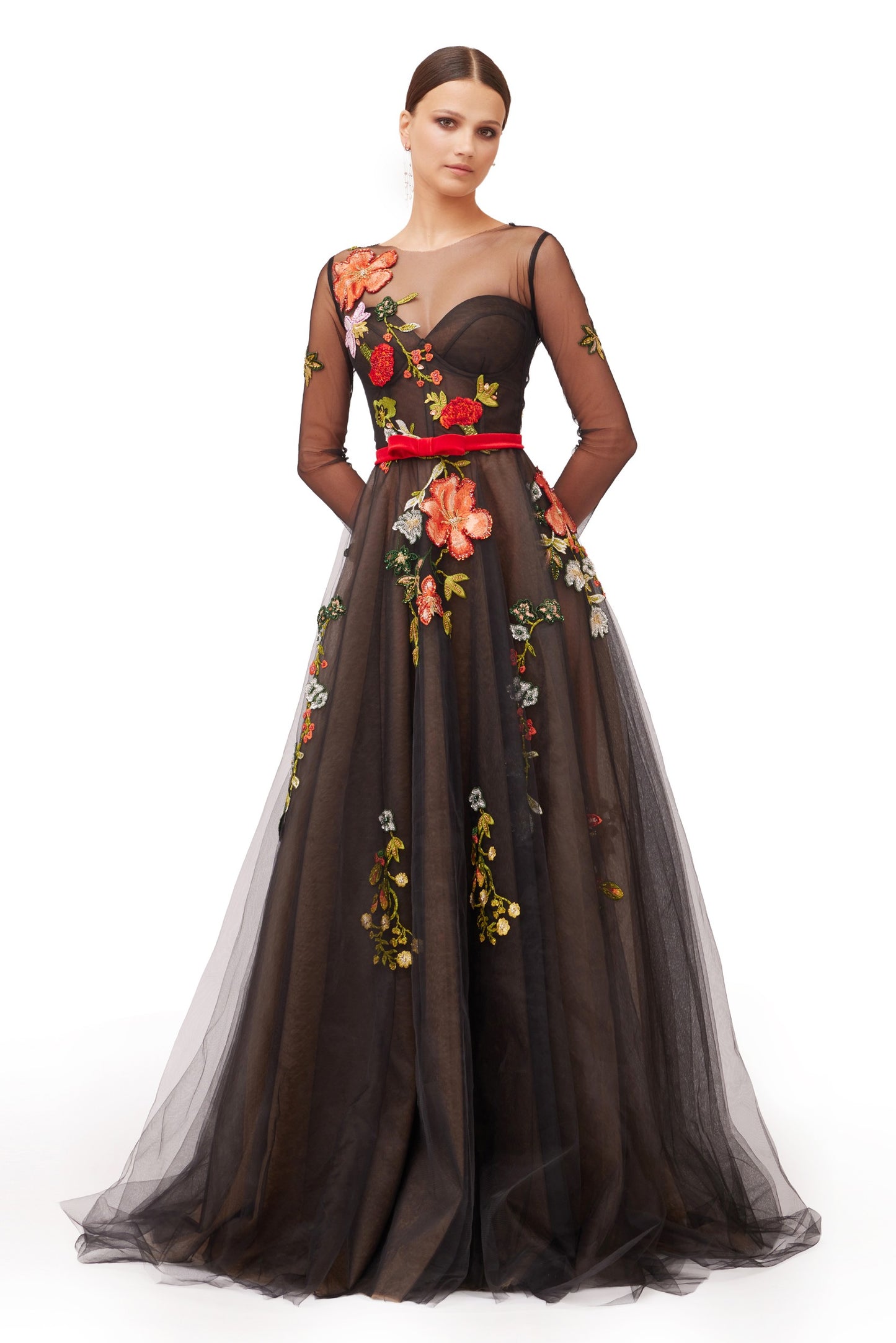 Long Embroidered Tulle Dress