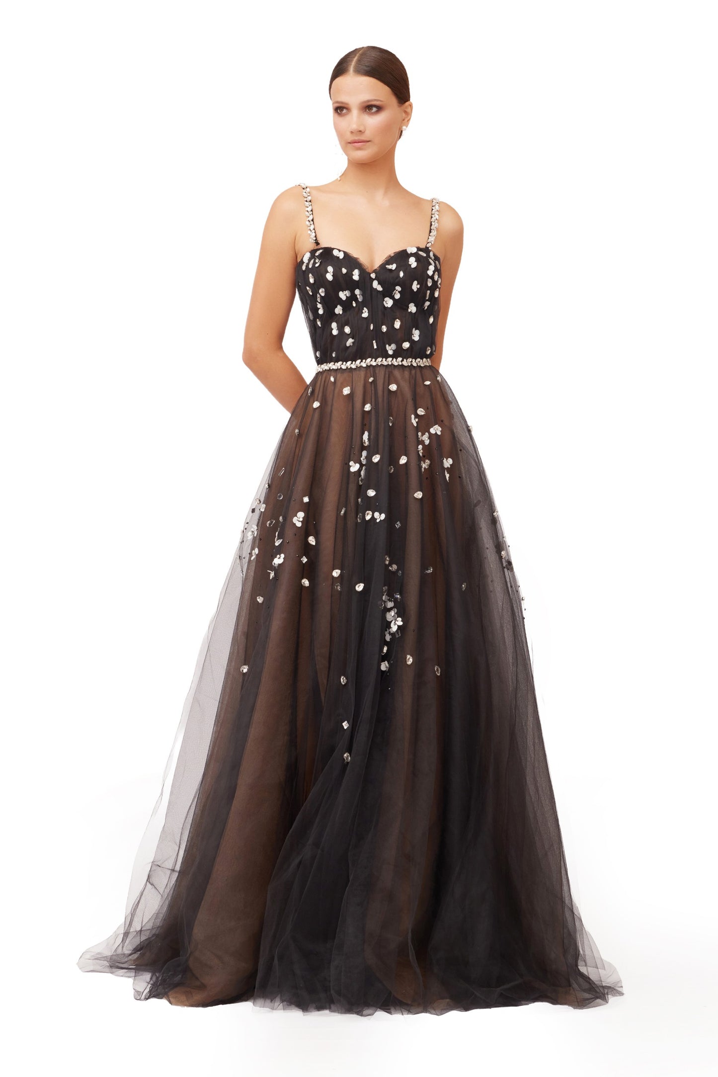 Long Beaded Tulle Dress