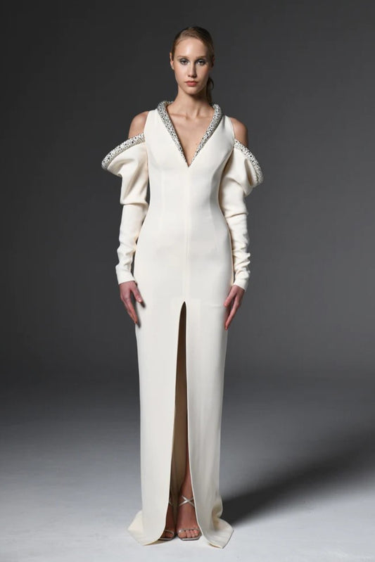 Cr?pe Gown with Draped Sleeves