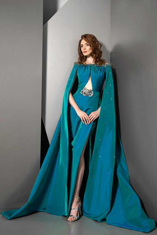 Off the Shoulder Cape Gown