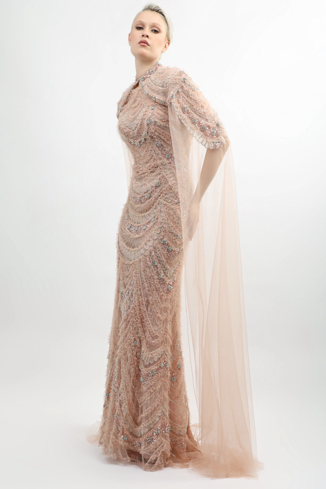 Fully Embroidered Cape Gown