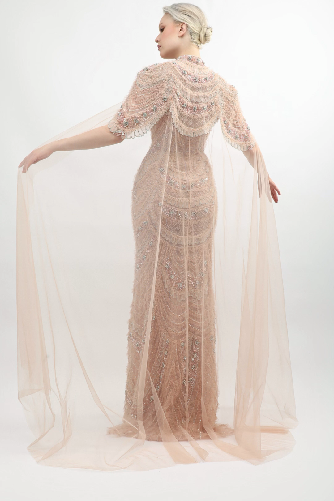 Fully Embroidered Cape Gown