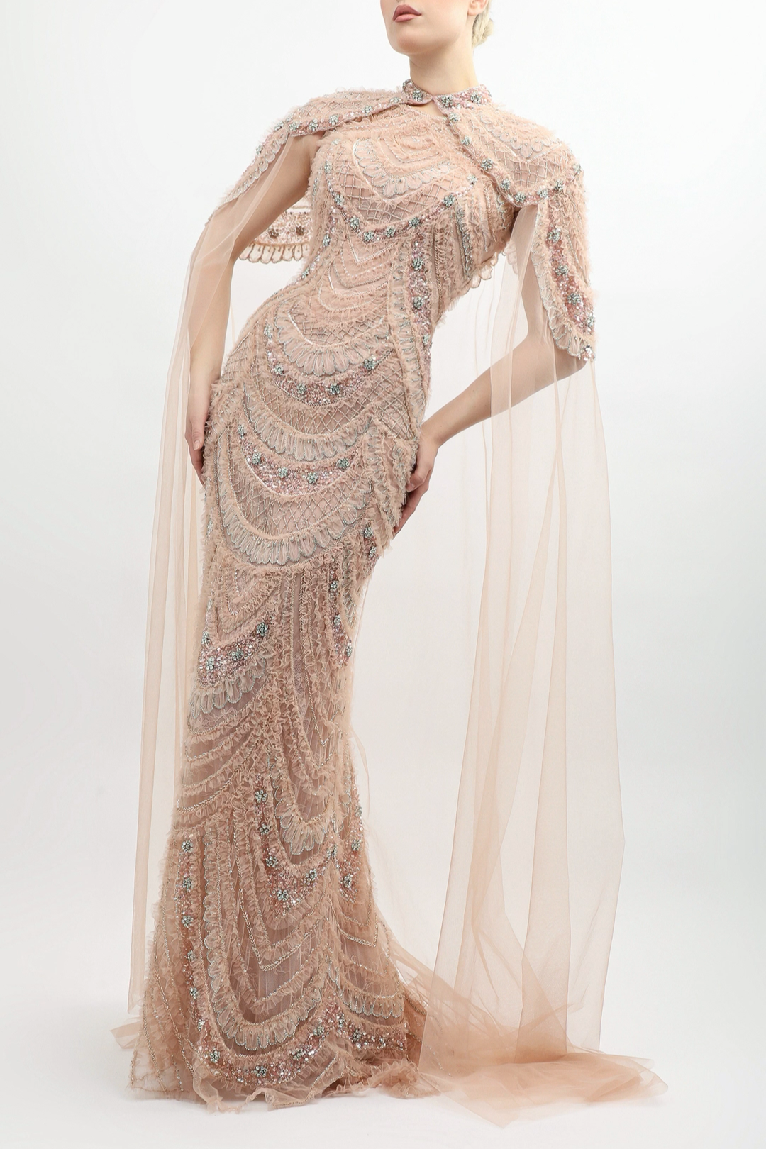 Fully Embroidered Cape Gown