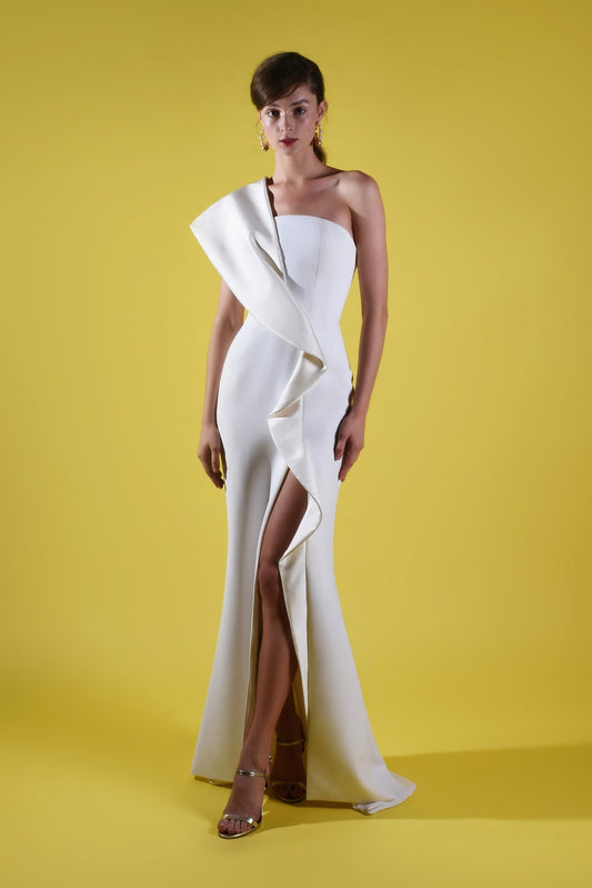 One Shoulder Ruffled High Slit Gown