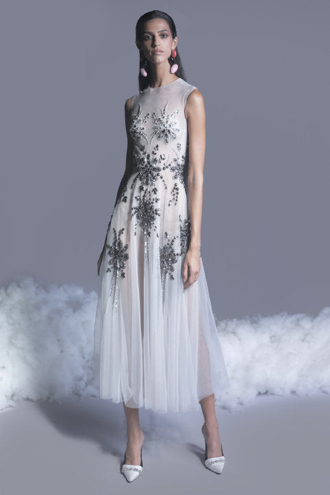Beaded Tulle Sleeveless Midi  Dress