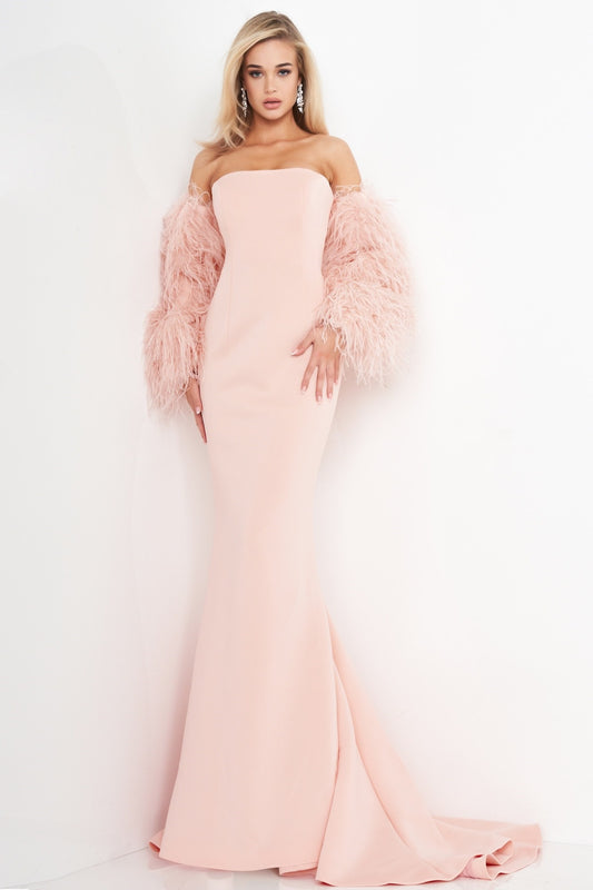 Strapless Fur Sleeve Gown