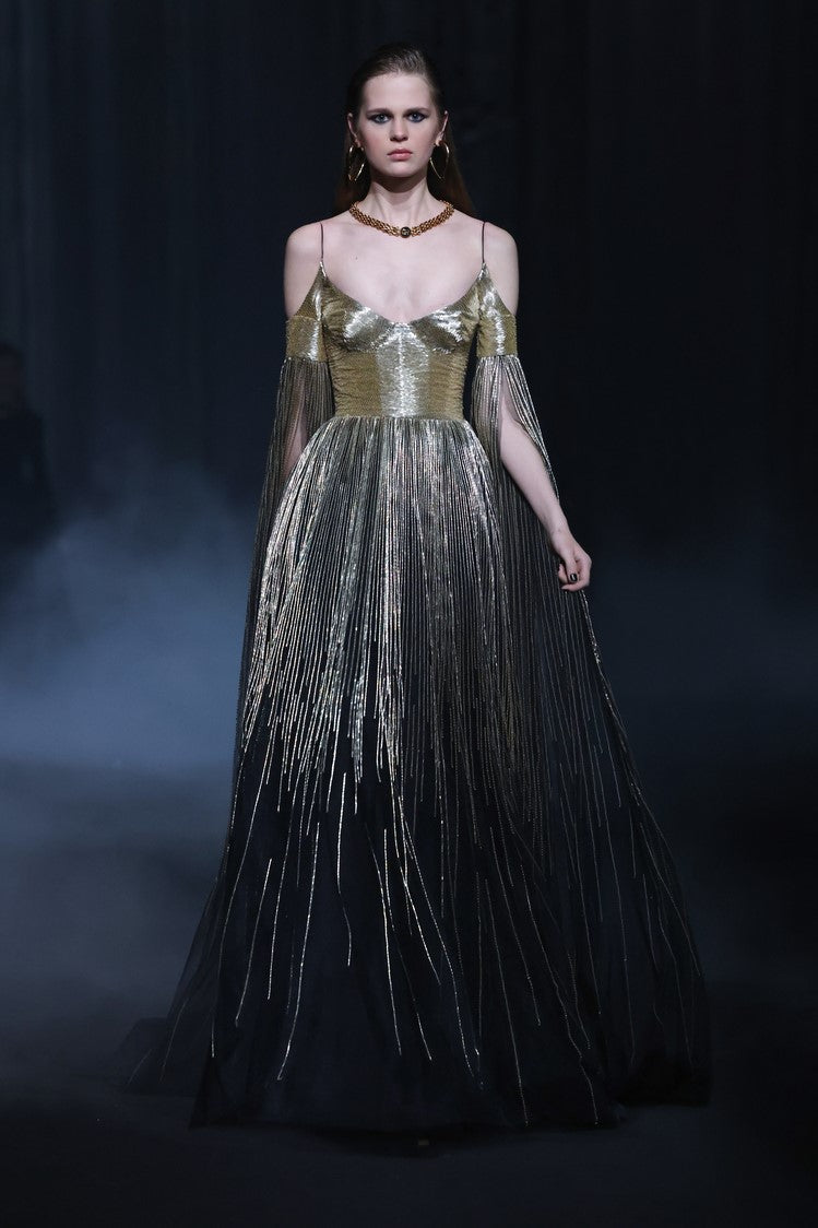 Beaded Tulle Gown with Slit Sleeves