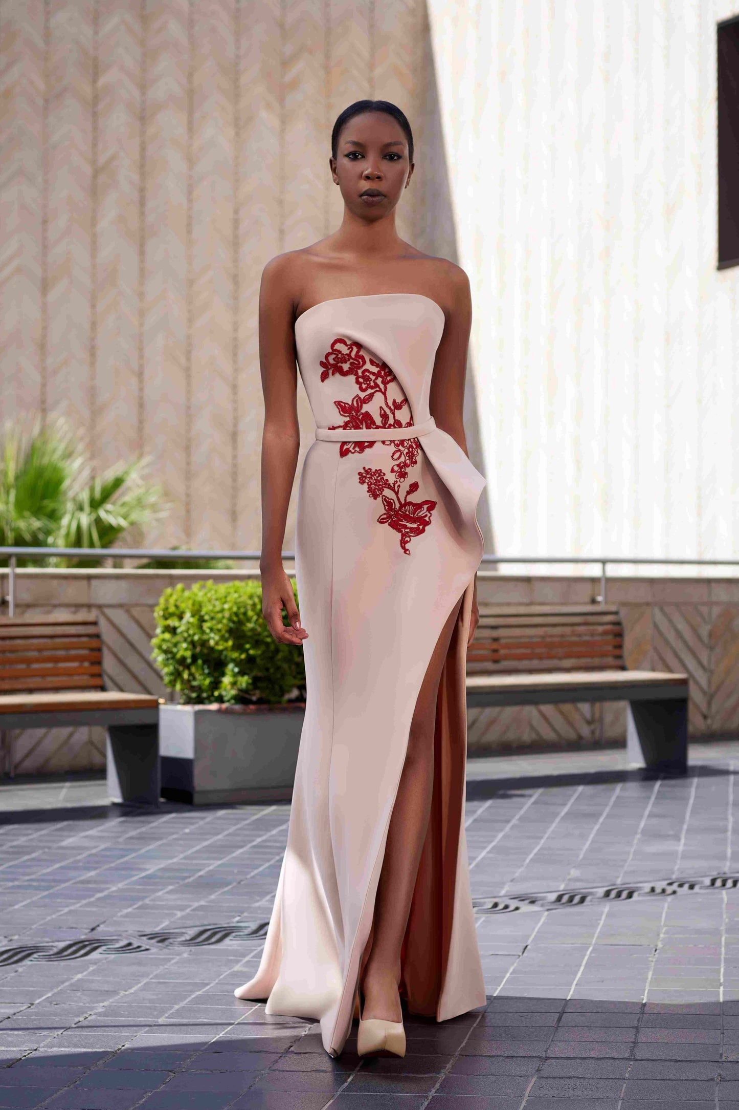 Strapless Crepe & Embroidery Gown