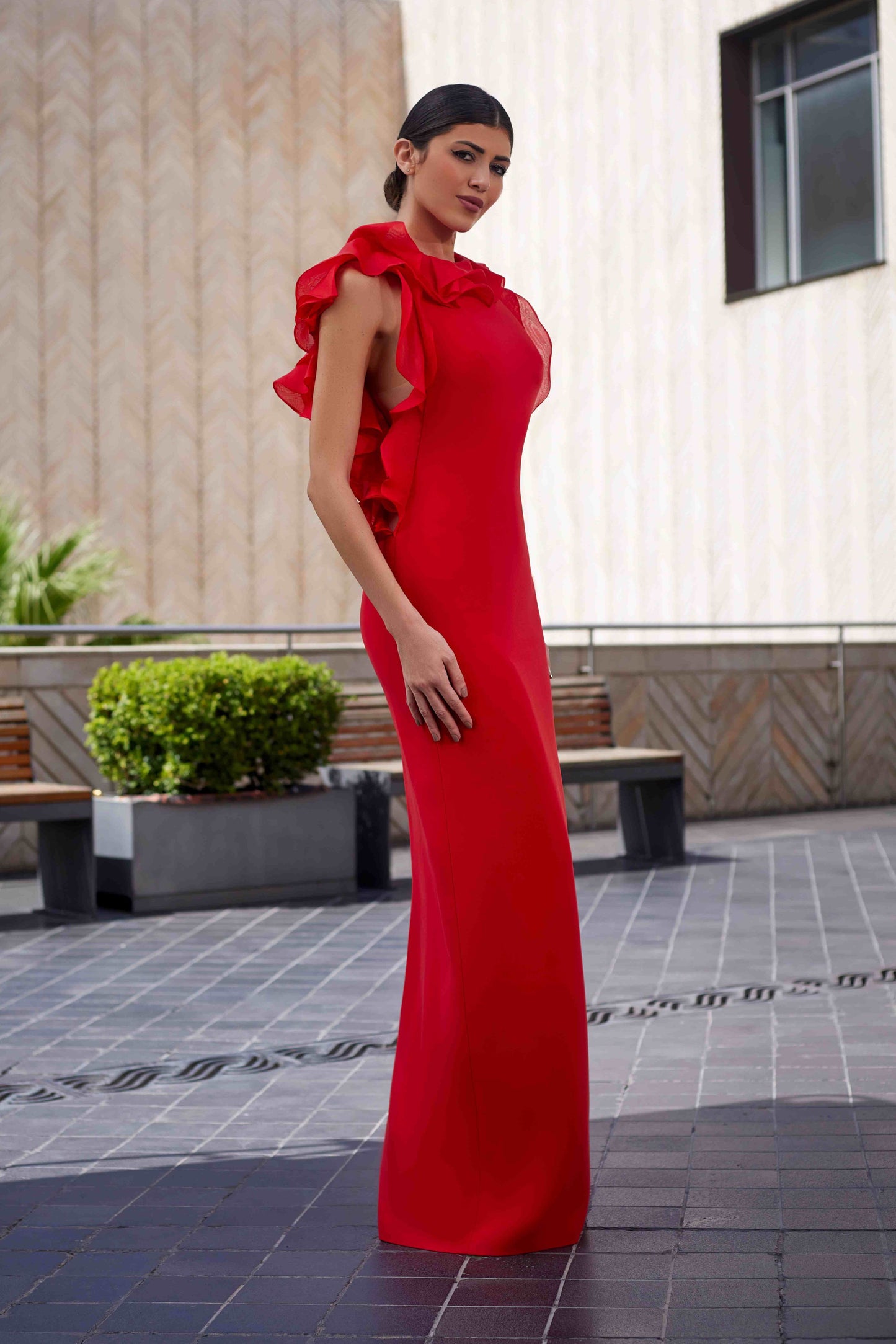 Ruffled Crepe & Organza Gown