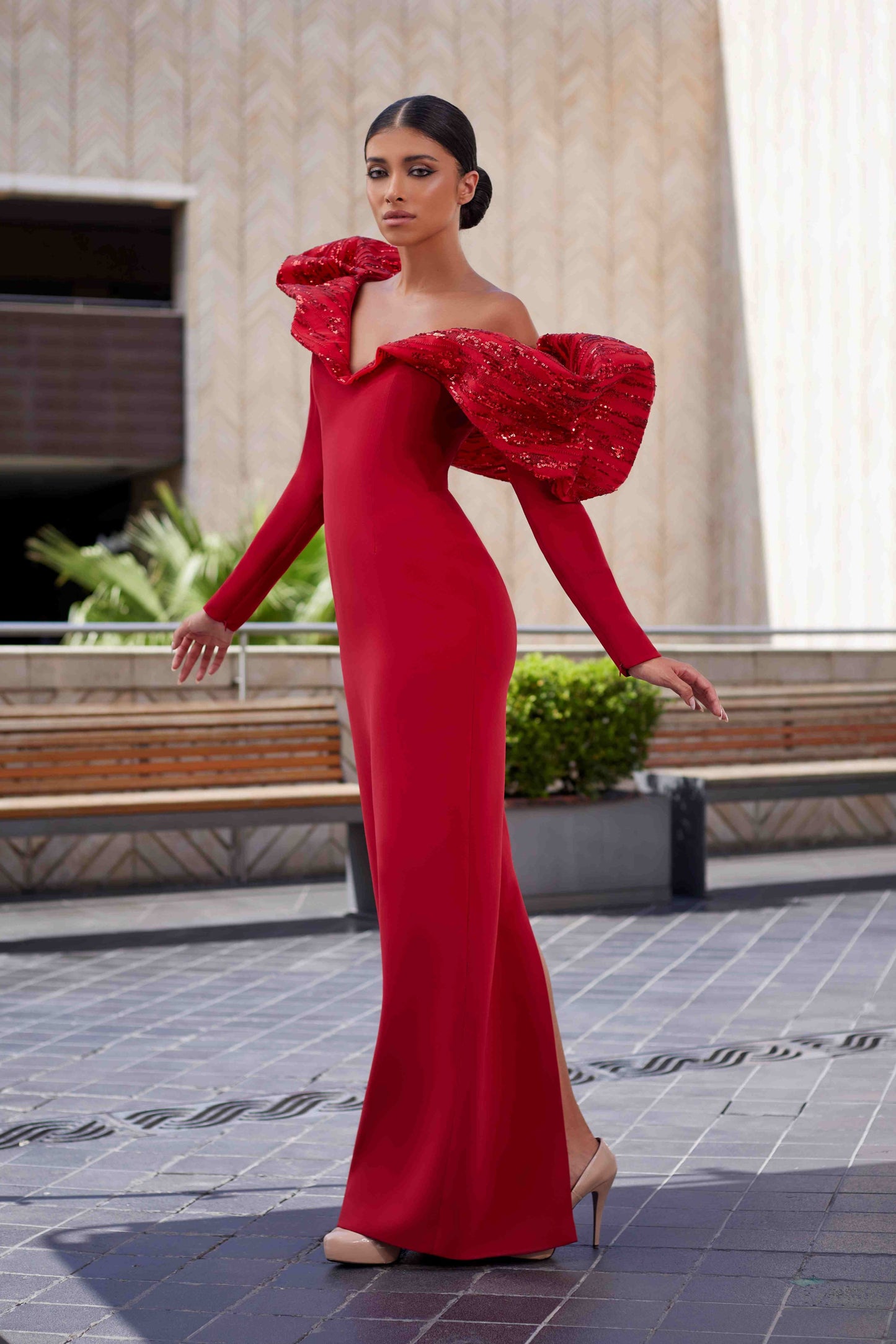 Long Sleeve Crepe & Tulle Gown