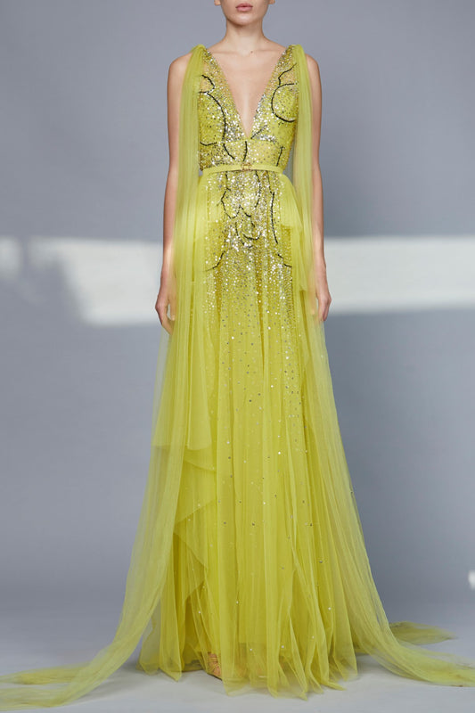 Bead Embroidered Sleeveless Gown