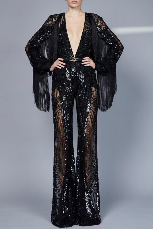 Bead Embroidered  Long Sleeve Jumpsuit