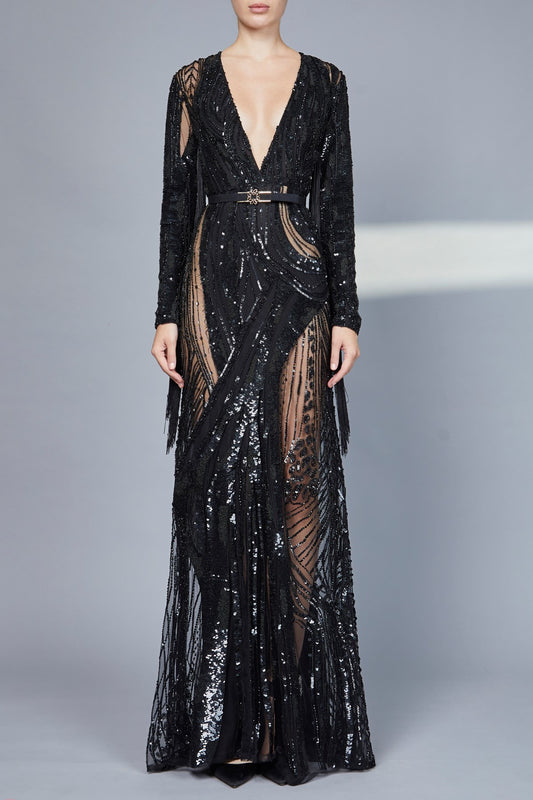 Bead Embroidered  Long Sleeve Gown