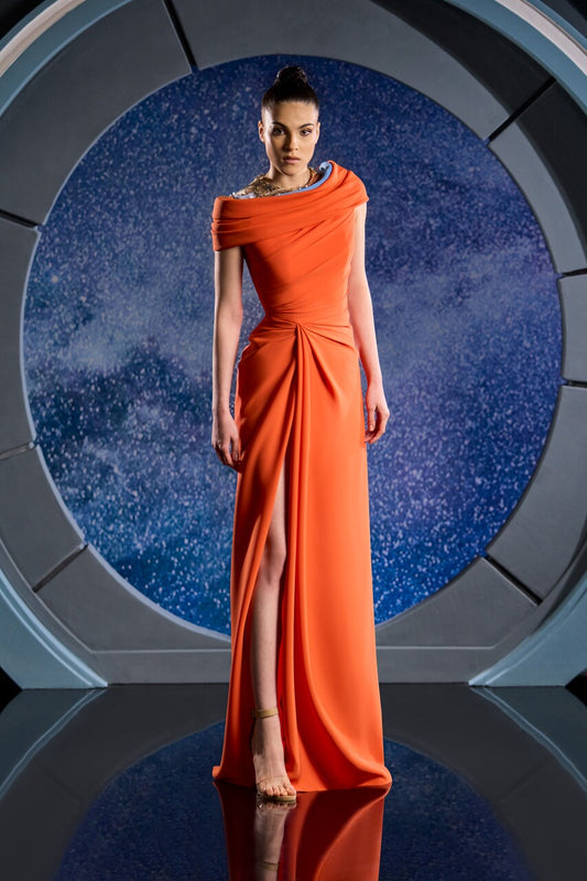 Crepe Gown with High Slit