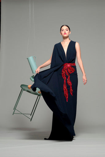 Plunging V Neck Navy Evening Gown