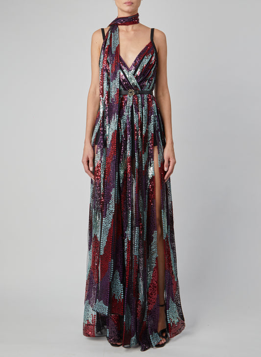 Multicolored Sequin Gown with Slit
