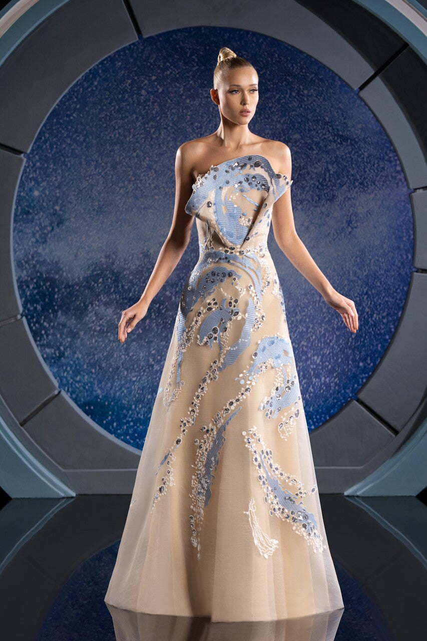 Strapless A-Line Embroidered Gown