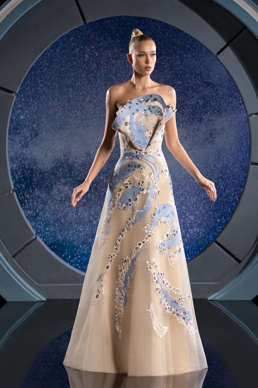 Strapless A-Line Embroidered Gown